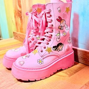 Dolls Kill Pink Combat Boots with Cartoon Design